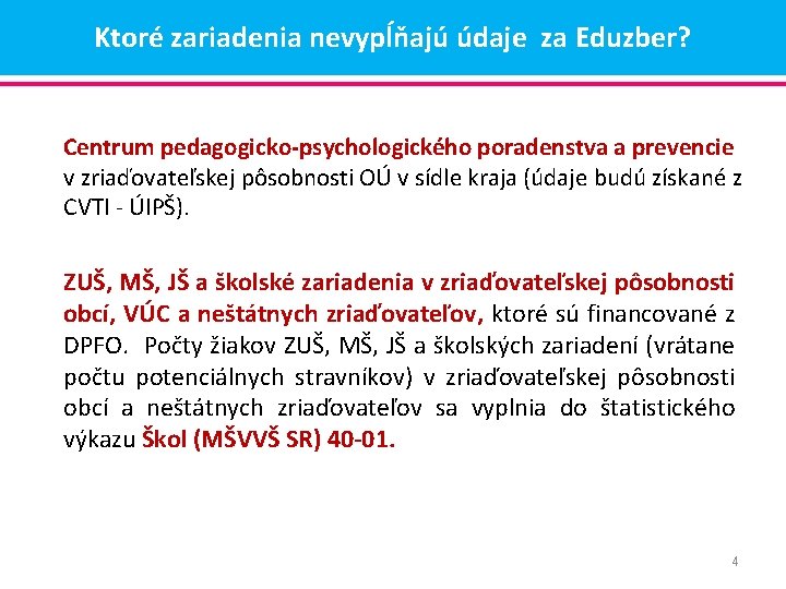 Ktoré zariadenia nevypĺňajú údaje za Eduzber? Centrum pedagogicko-psychologického poradenstva a prevencie v zriaďovateľskej pôsobnosti Ktoré zariadenia nevypĺňajú údaje za Eduzber? Centrum pedagogicko-psychologického poradenstva a prevencie v zriaďovateľskej pôsobnosti