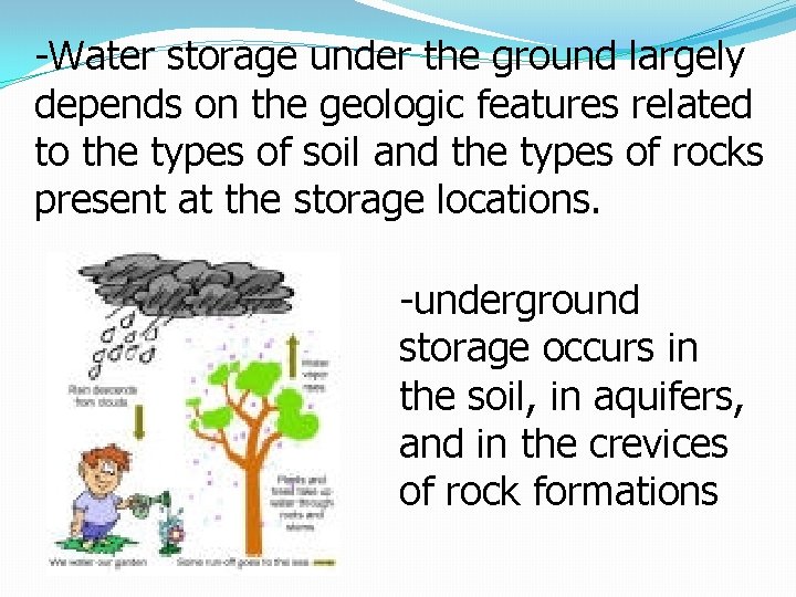-Water storage under the ground largely depends on the geologic features related to the