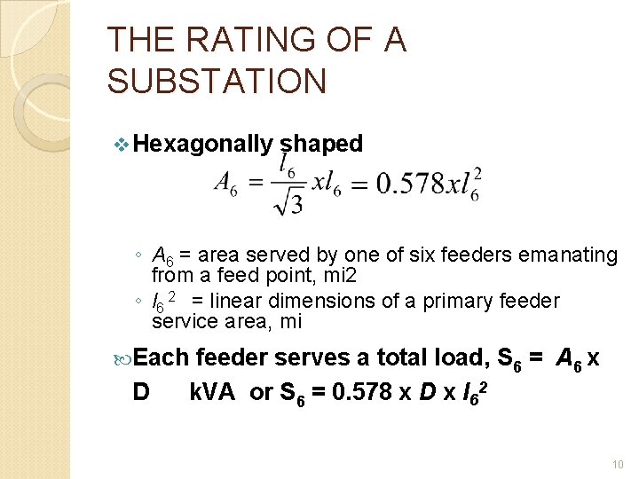 THE RATING OF A SUBSTATION v Hexagonally shaped ◦ A 6 = area served