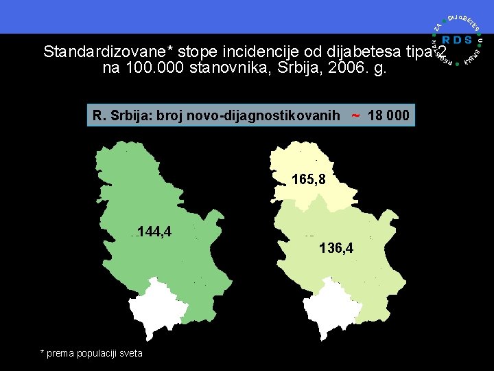 Standardizovane* stope incidencije od dijabetesa tipa 2 na 100. 000 stanovnika, Srbija, 2006. g.