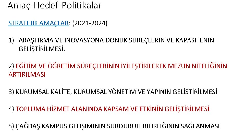 Amaç-Hedef-Politikalar STRATEJİK AMAÇLAR: (2021 -2024) 1) ARAŞTIRMA VE İNOVASYONA DÖNÜK SÜREÇLERİN VE KAPASİTENİN GELİŞTİRİLMESİ.