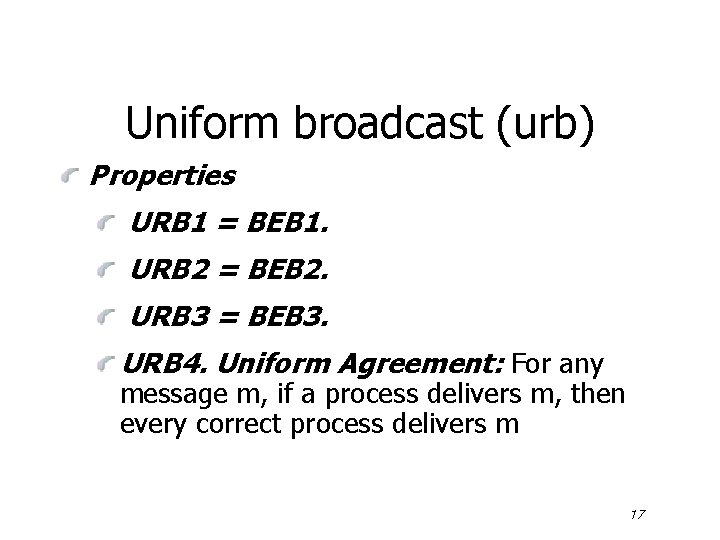 Uniform broadcast (urb) Properties URB 1 = BEB 1. URB 2 = BEB 2.