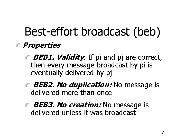 Best-effort broadcast (beb) Properties BEB 1. Validity: If pi and pj are correct, then