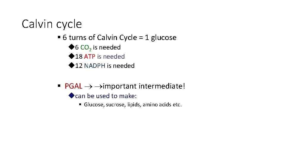 Calvin cycle § 6 turns of Calvin Cycle = 1 glucose u 6 CO