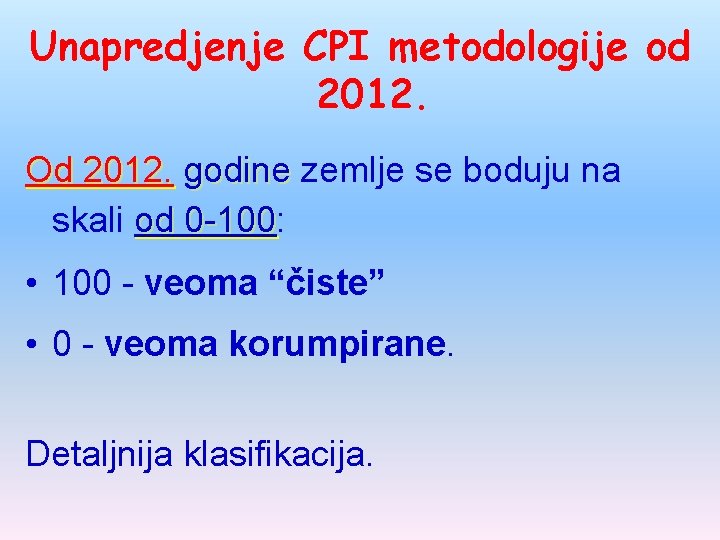 Unapredjenje CPI metodologije od 2012. Od 2012. godine zemlje se boduju na skali od