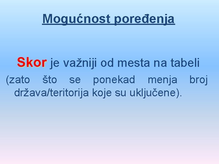 Mogućnost poređenja Skor je važniji od mesta na tabeli (zato što se ponekad menja