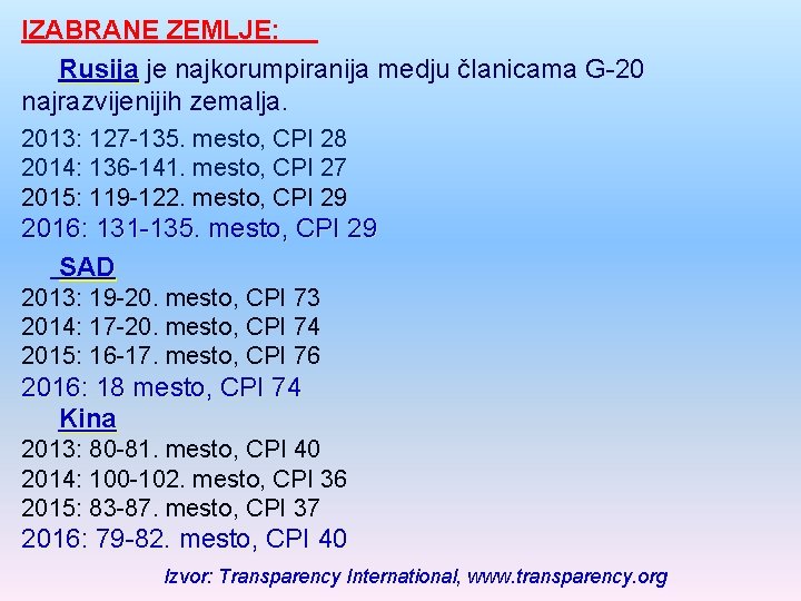 IZABRANE ZEMLJE: Rusija je najkorumpiranija medju članicama G-20 najrazvijenijih zemalja. 2013: 127 -135. mesto,