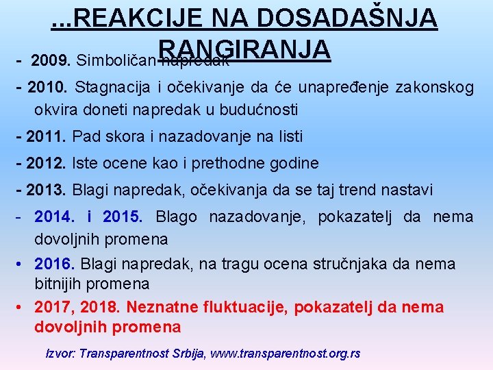 - . . . REAKCIJE NA DOSADAŠNJA 2009. Simboličan RANGIRANJA napredak - 2010. Stagnacija