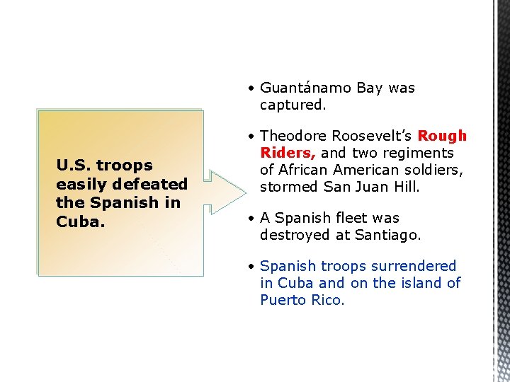  • Guantánamo Bay was captured. U. S. troops easily defeated the Spanish in