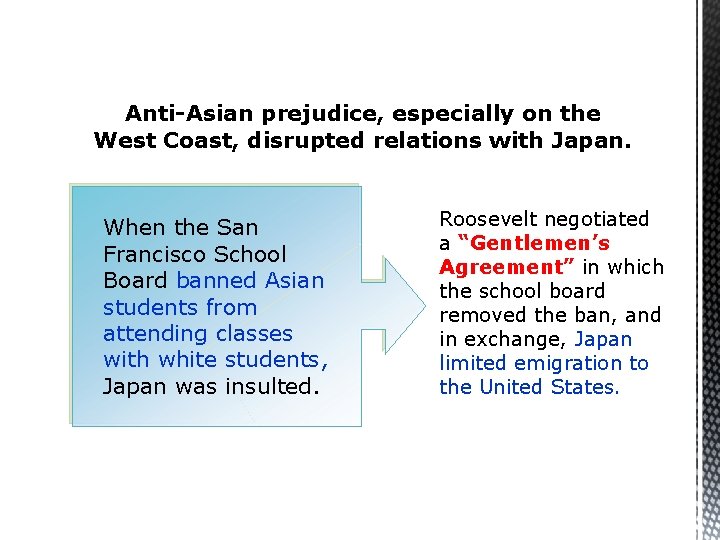 Anti-Asian prejudice, especially on the West Coast, disrupted relations with Japan. When the San