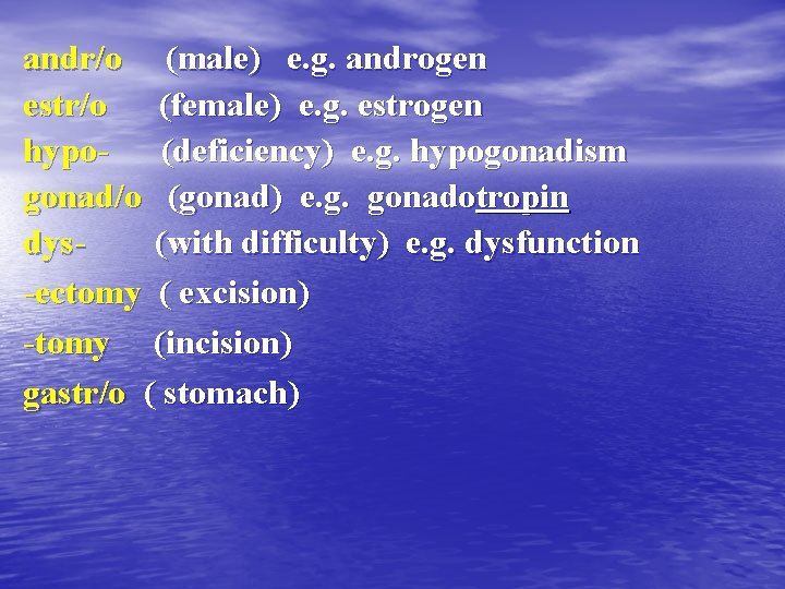 andr/o (male) e. g. androgen estr/o (female) e. g. estrogen hypo(deficiency) e. g. hypogonadism