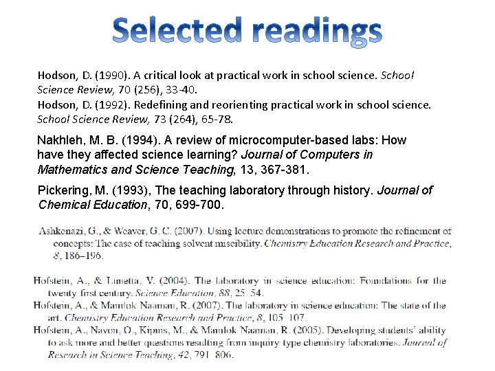 Hodson, D. (1990). A critical look at practical work in school science. School Science