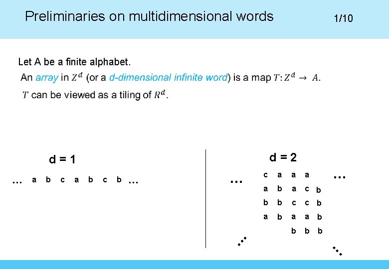 Preliminaries on multidimensional words 1/10 Let A be a finite alphabet. d=2 d=1 a