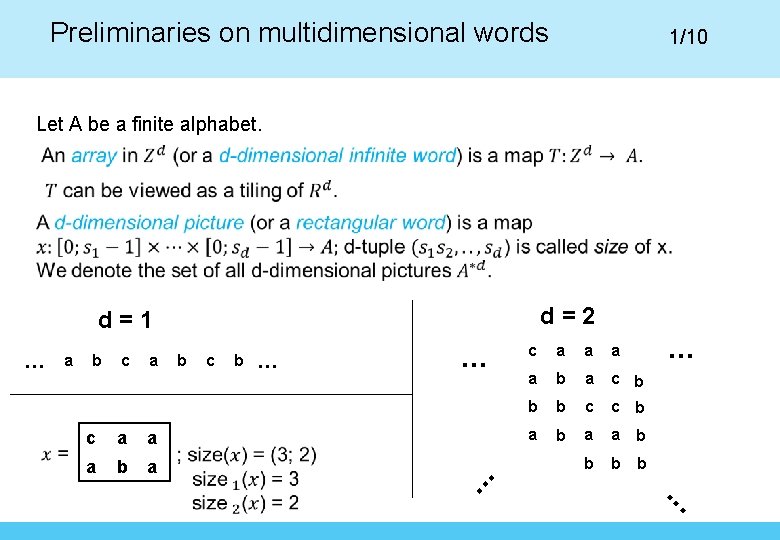 Preliminaries on multidimensional words 1/10 Let A be a finite alphabet. d=2 d=1 a