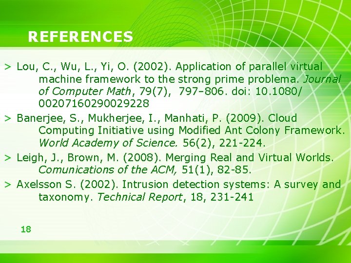 REFERENCES > Lou, C. , Wu, L. , Yi, O. (2002). Application of parallel