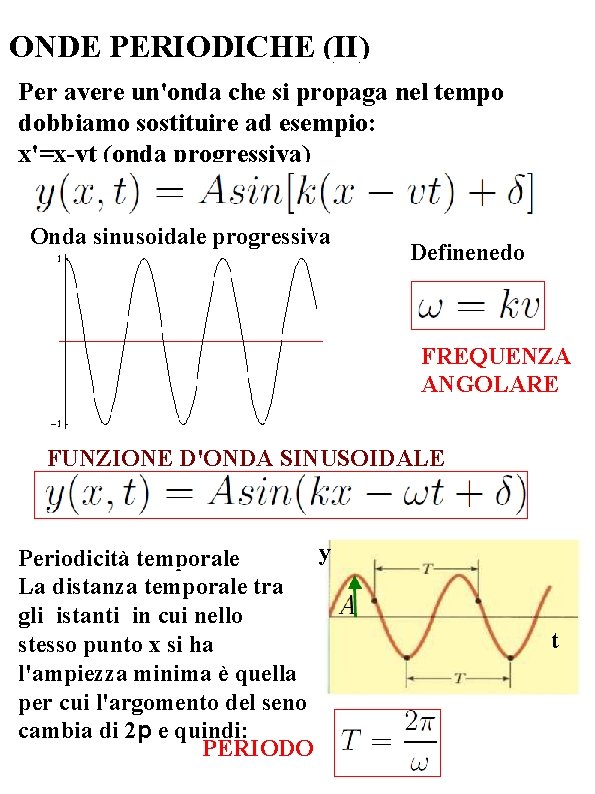 ONDE PERIODICHE (II) Per avere un'onda che si propaga nel tempo dobbiamo sostituire ad