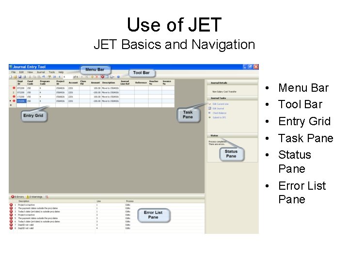 Use of JET Basics and Navigation • • • Menu Bar Tool Bar Entry