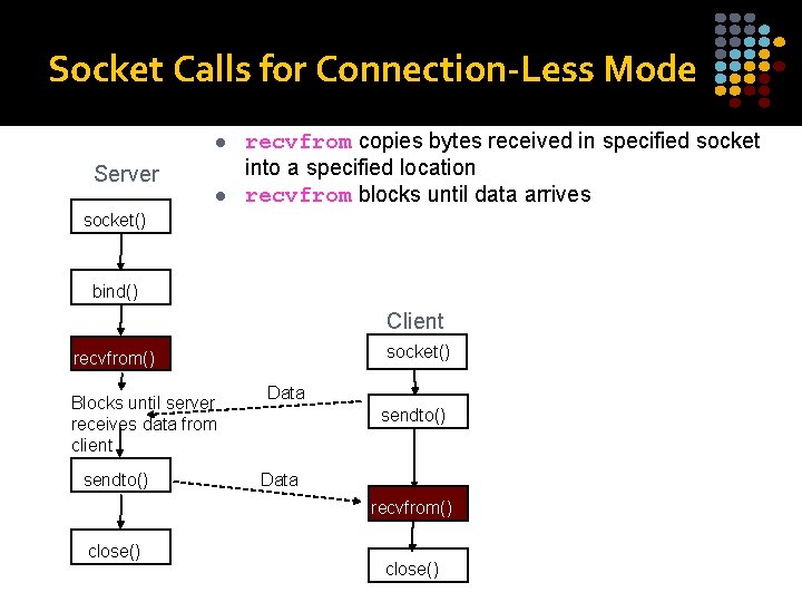Socket Calls for Connection-Less Mode l Server l recvfrom copies bytes received in specified Socket Calls for Connection-Less Mode l Server l recvfrom copies bytes received in specified