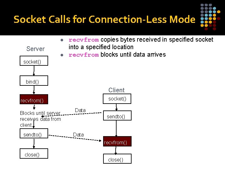 Socket Calls for Connection-Less Mode l Server l recvfrom copies bytes received in specified