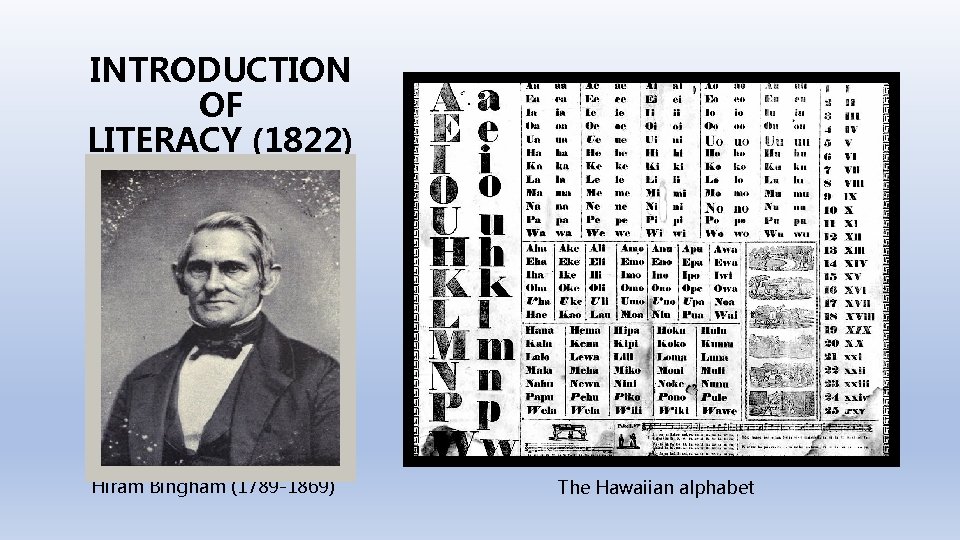 INTRODUCTION OF LITERACY (1822) Hiram Bingham (1789 -1869) The Hawaiian alphabet 