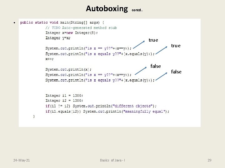 Autoboxing contd. . • true false 24 -May-21 Basics of Java - I true