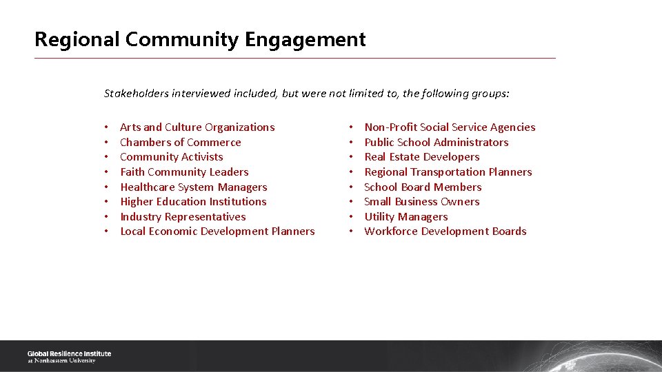 Regional Community Engagement Stakeholders interviewed included, but were not limited to, the following groups: