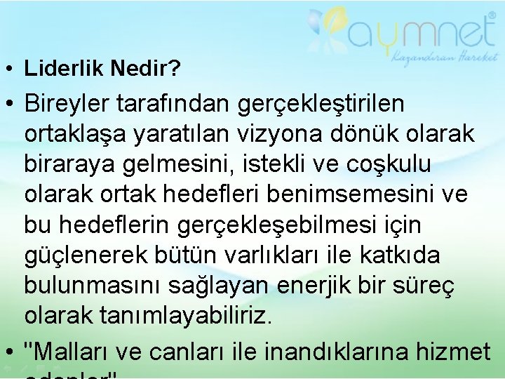  • Liderlik Nedir? • Bireyler tarafından gerçekleştirilen ortaklaşa yaratılan vizyona dönük olarak biraraya