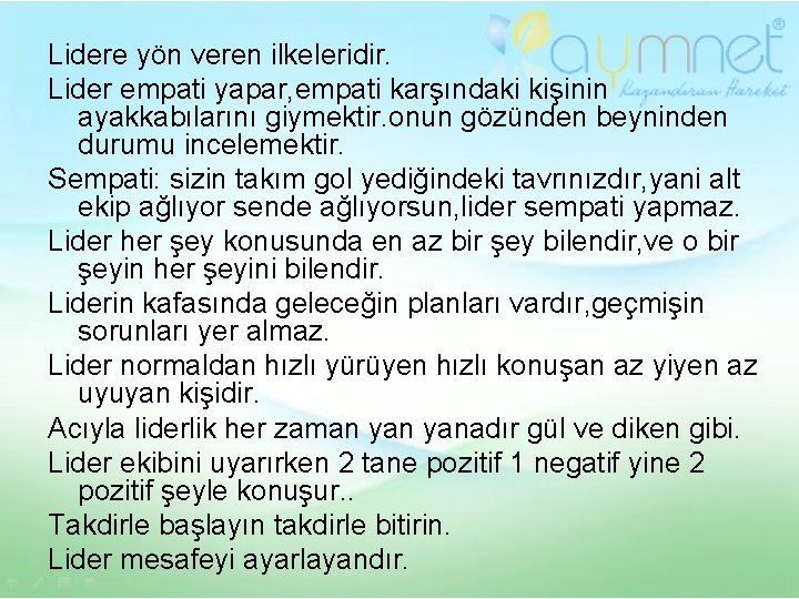 Lidere yön veren ilkeleridir. Lider empati yapar, empati karşındaki kişinin ayakkabılarını giymektir. onun gözünden