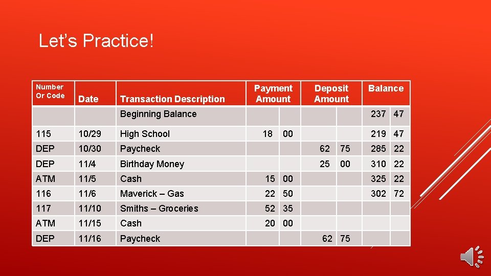 Let’s Practice! Number Or Code Date Transaction Description Payment Amount Deposit Amount Beginning Balance