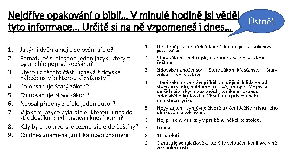 Nejdříve opakování o bibli… V minulé hodině jsi věděl Ústně! tyto informace… Určitě si