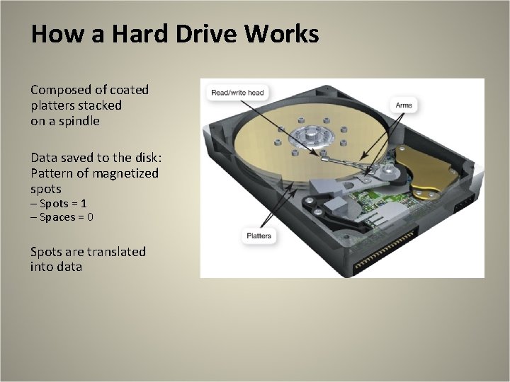 How a Hard Drive Works Composed of coated platters stacked on a spindle Data How a Hard Drive Works Composed of coated platters stacked on a spindle Data
