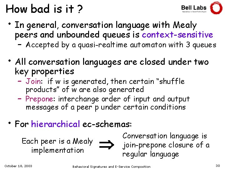 How bad is it ? • In general, conversation language with Mealy peers and