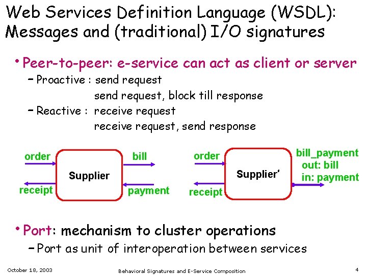 Web Services Definition Language (WSDL): Messages and (traditional) I/O signatures • Peer-to-peer: e-service can