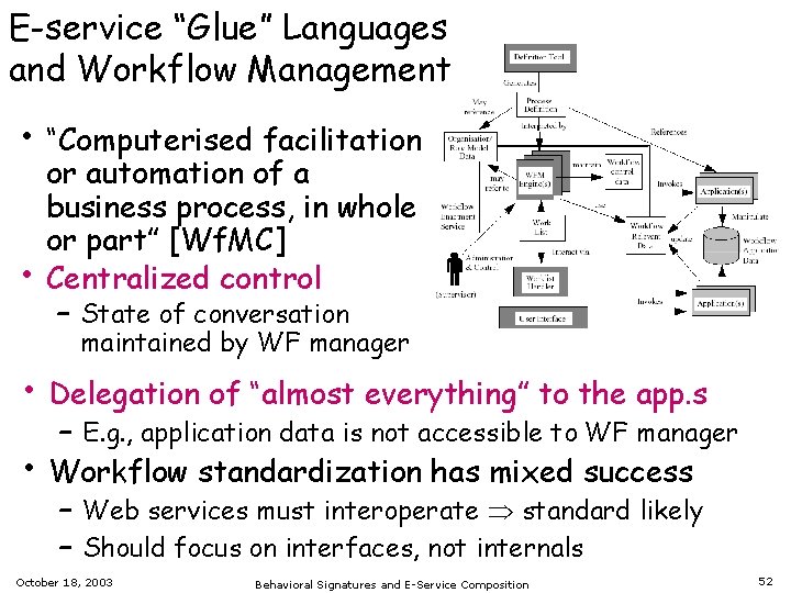 E-service “Glue” Languages and Workflow Management • “Computerised facilitation • or automation of a