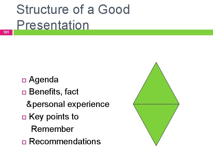 101 Structure of a Good Presentation Agenda Benefits, fact &personal experience Key points to