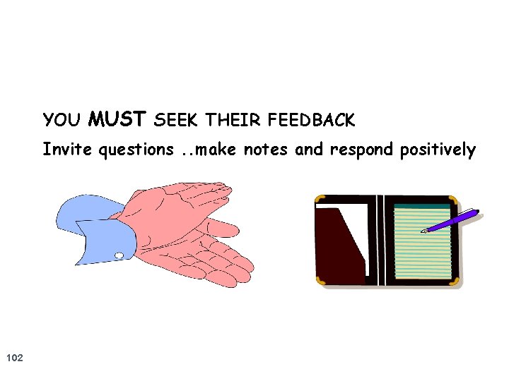 YOU MUST SEEK THEIR FEEDBACK Invite questions. . make notes and respond positively 102