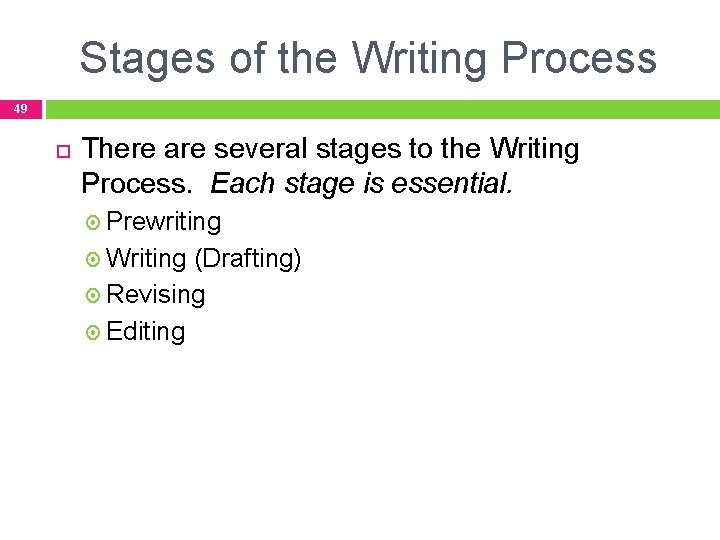 Stages of the Writing Process 49 There are several stages to the Writing Process.