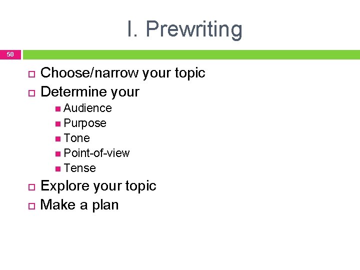 I. Prewriting 50 Choose/narrow your topic Determine your Audience Purpose Tone Point-of-view Tense Explore