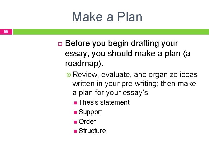 Make a Plan 55 Before you begin drafting your essay, you should make a