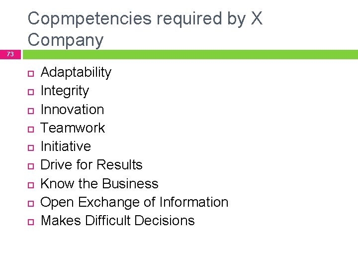 Copmpetencies required by X Company 73 Adaptability Integrity Innovation Teamwork Initiative Drive for Results