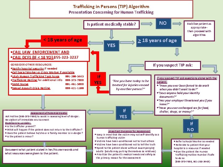 Trafficking in Persons (TIP) Algorithm Presentation Concerning for Human Trafficking NO Is patient medically