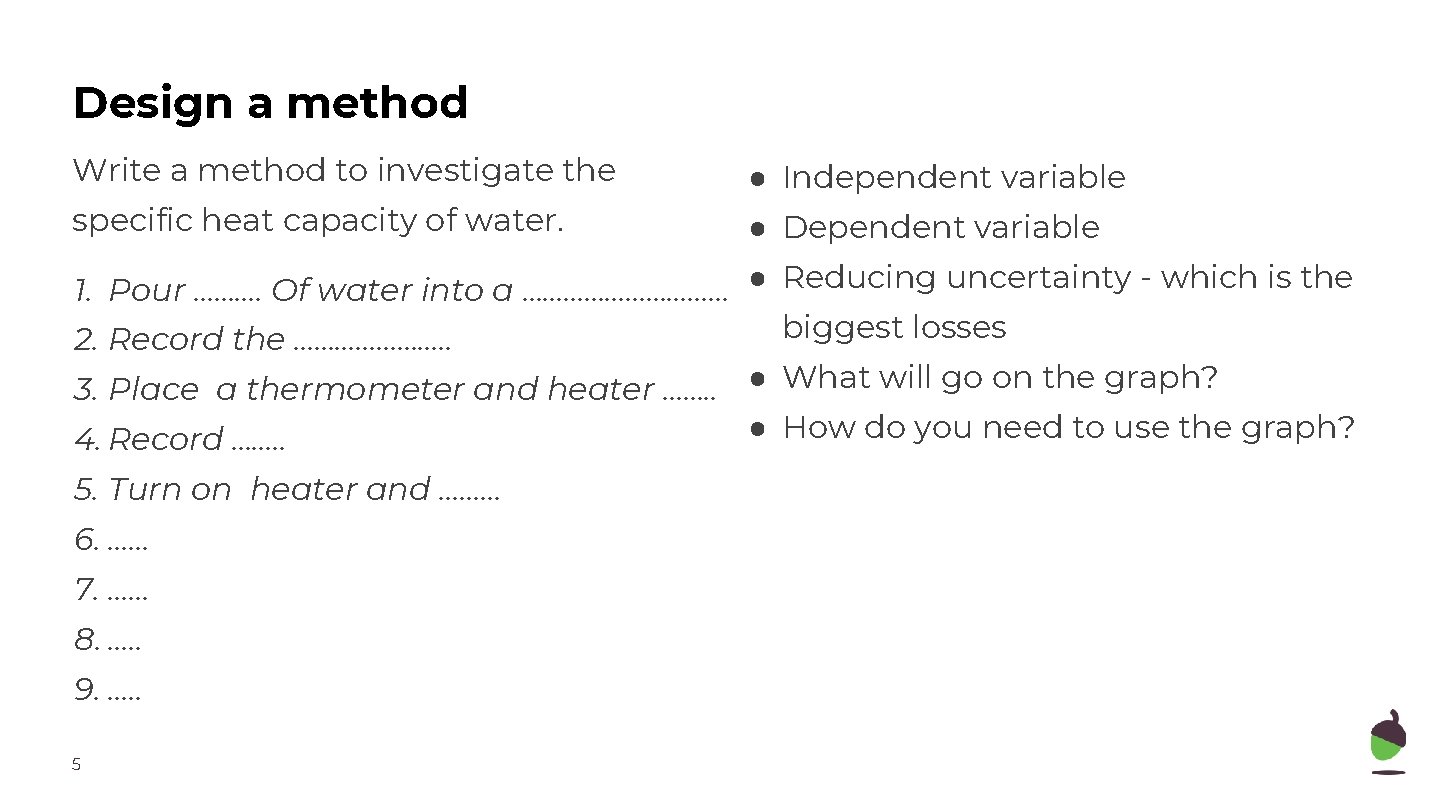 Design a method Write a method to investigate the specific heat capacity of water.