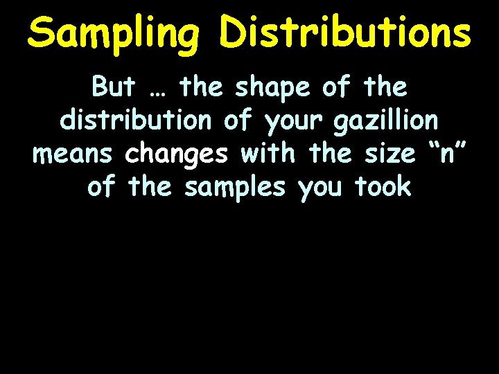 Sampling Distributions But … the shape of the distribution of your gazillion means changes