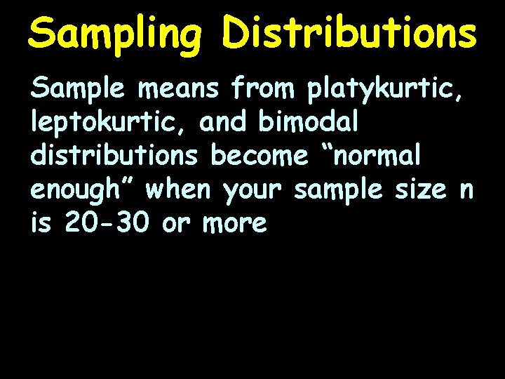 Sampling Distributions Sample means from platykurtic, leptokurtic, and bimodal distributions become “normal enough” when