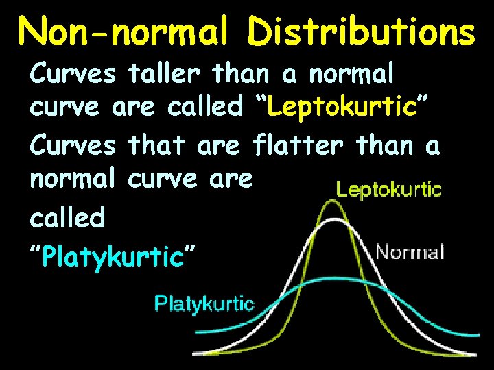 Non-normal Distributions Curves taller than a normal curve are called “Leptokurtic” Curves that are