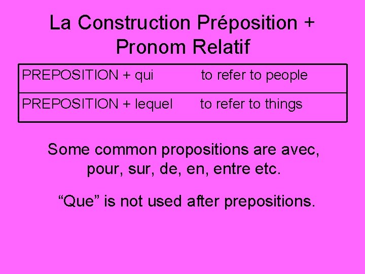 La Construction Préposition + Pronom Relatif PREPOSITION + qui to refer to people PREPOSITION