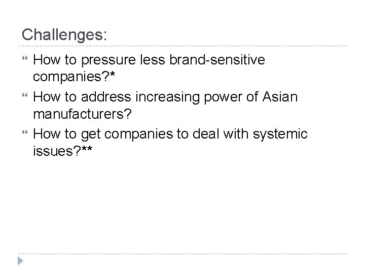 Challenges: How to pressure less brand-sensitive companies? * How to address increasing power of