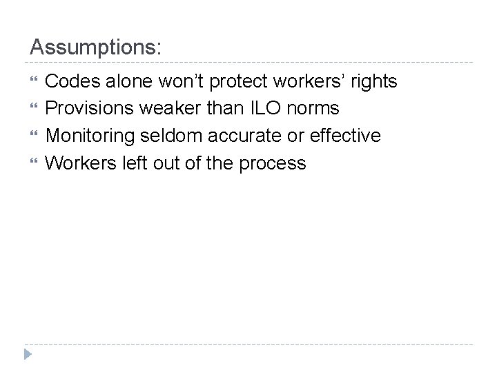 Assumptions: Codes alone won’t protect workers’ rights Provisions weaker than ILO norms Monitoring seldom
