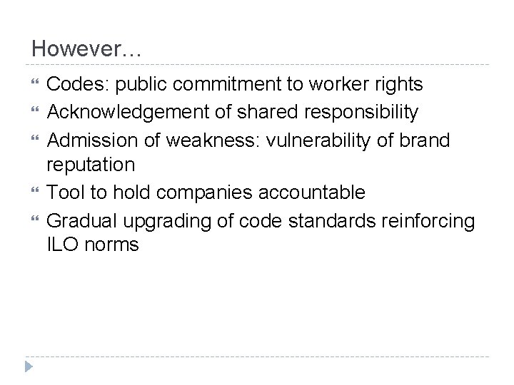 However… Codes: public commitment to worker rights Acknowledgement of shared responsibility Admission of weakness:
