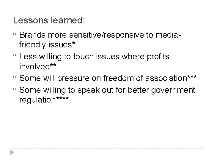 Lessons learned: Brands more sensitive/responsive to mediafriendly issues* Less willing to touch issues where